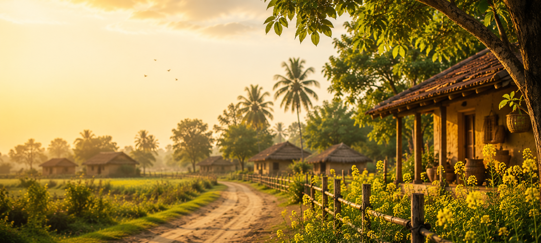 Rural Odisha village landscape, warm evening light