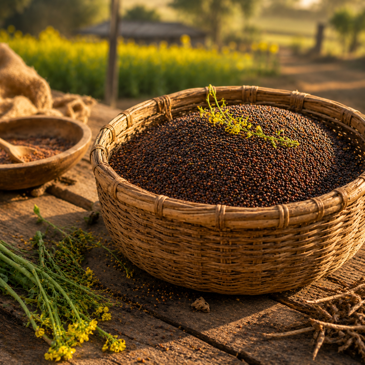 Freshly harvested mustard seeds in a basket