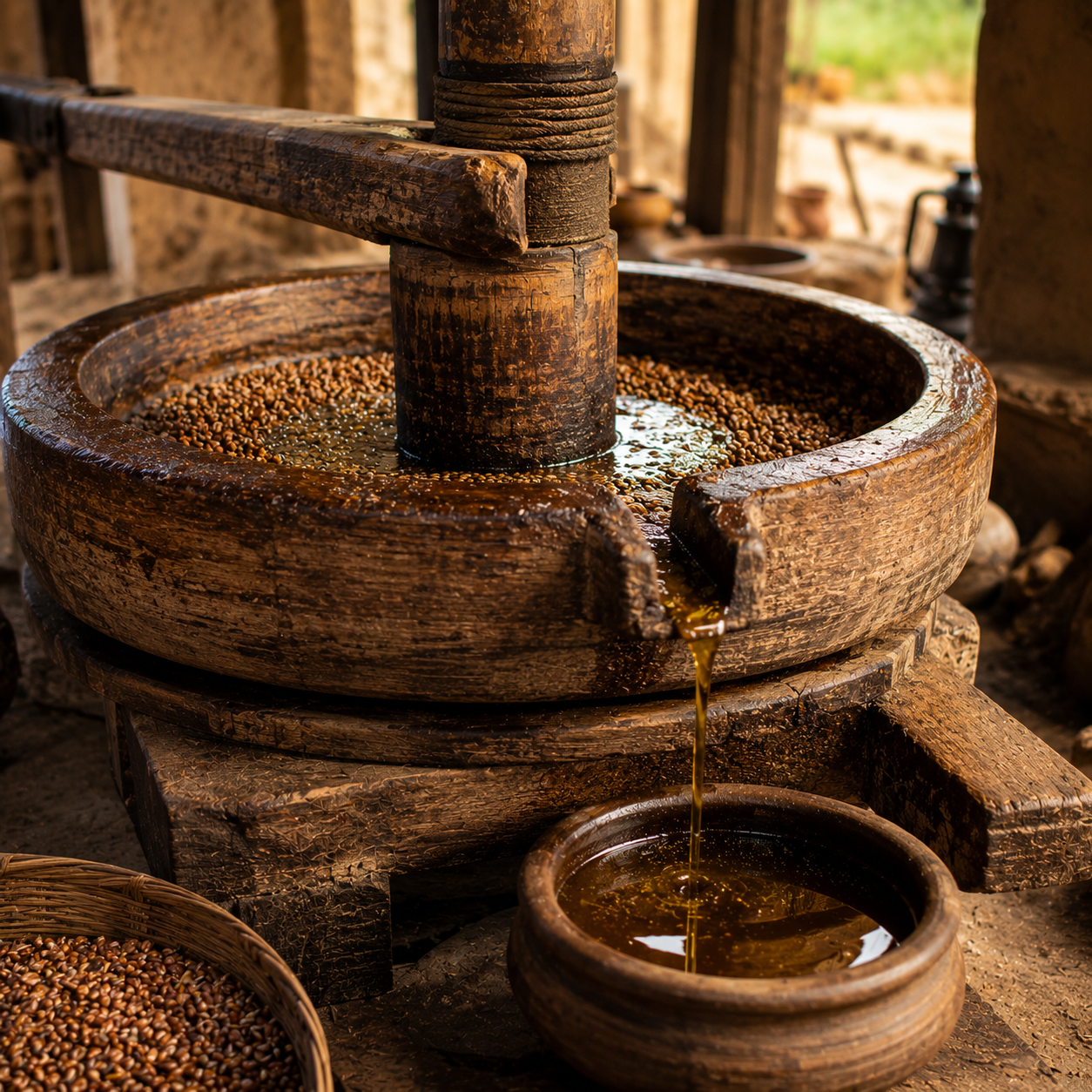 Traditional wooden oil press in use