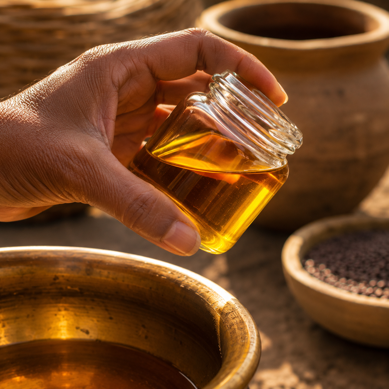 Hand checking oil quality in a jar