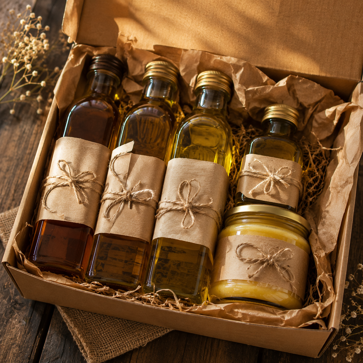 Packed box of oils and ghee ready for delivery